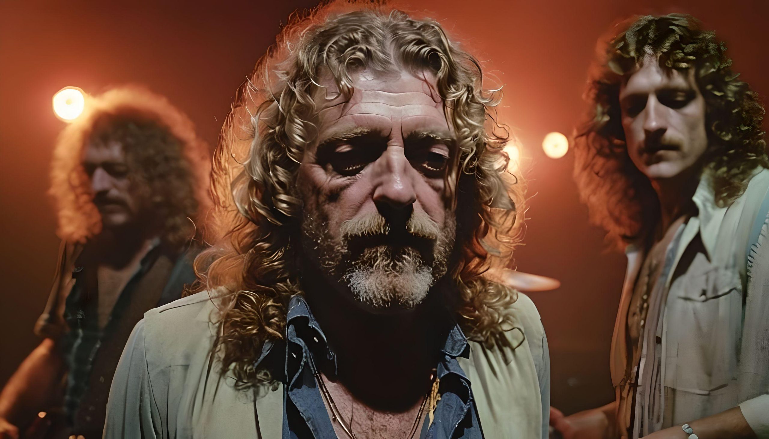 A melancholy Robert Plant lamenting the loss of his son as envisioned by AI