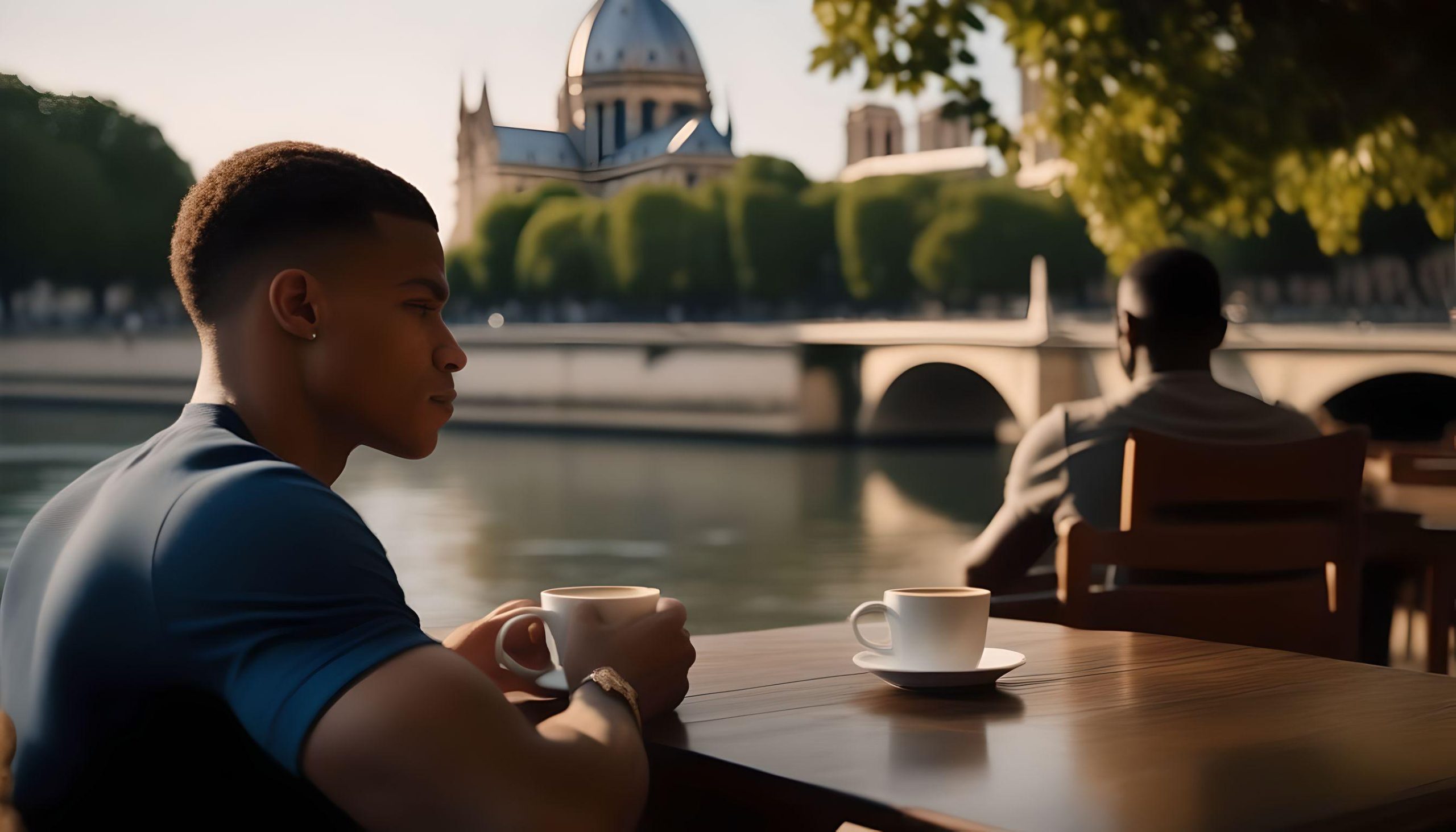 AI envisioning Basilica Kylian Mbappe drinking coffee simultaneously in Algeria, Paris and Cameroon