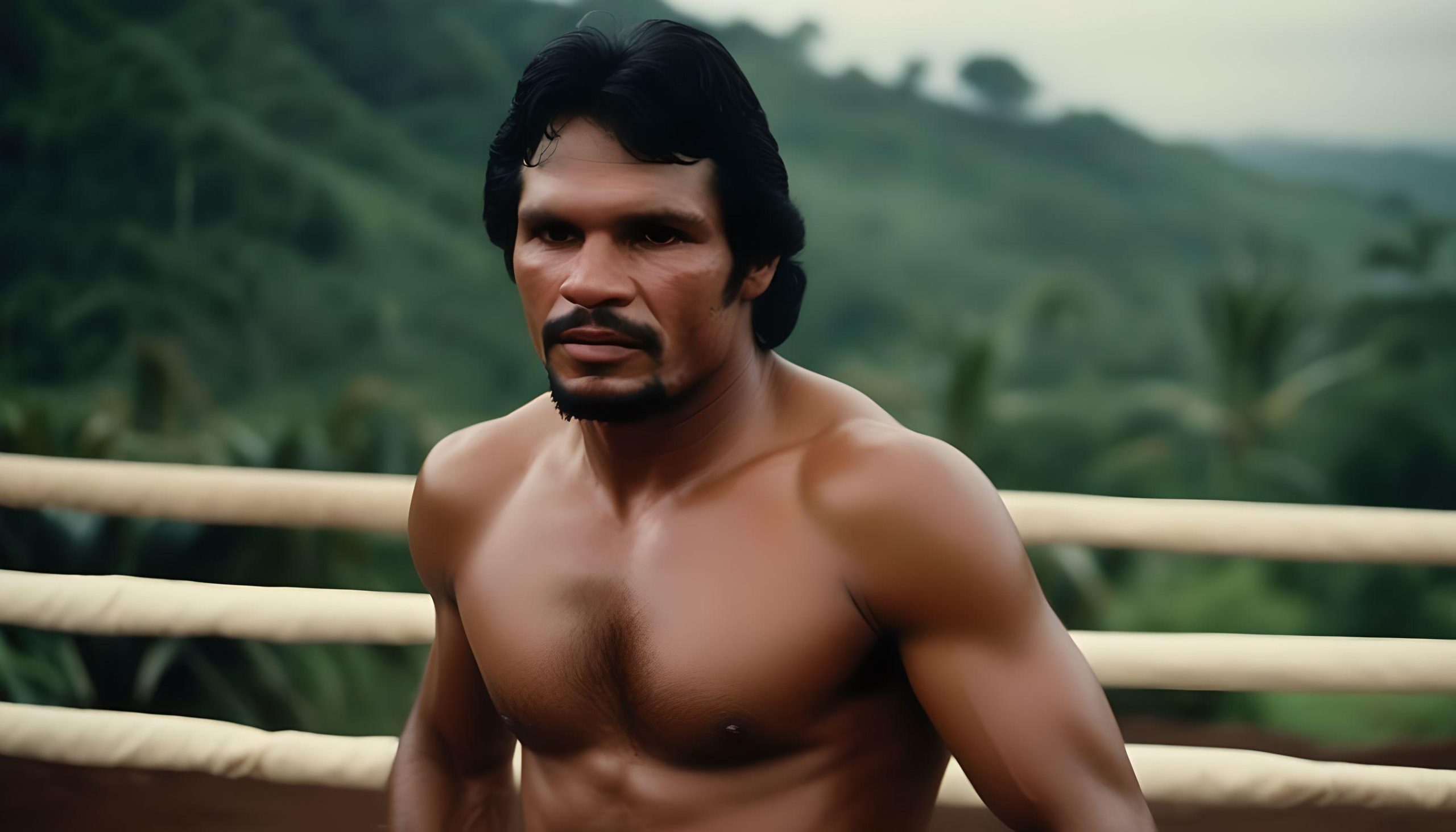 AI imagining Robero Duran in his prime fighting outdoors in Panama