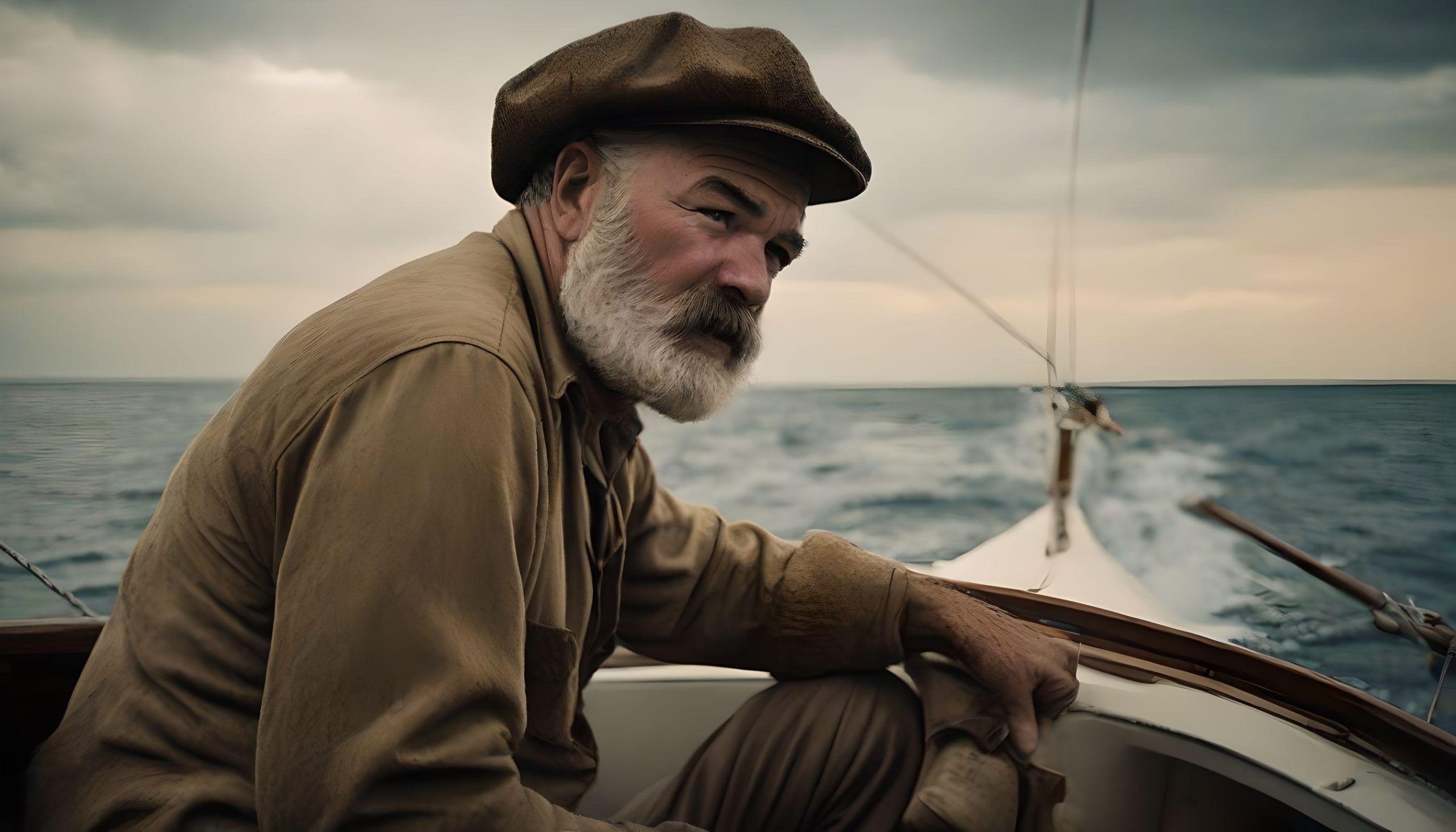 Ernest Hemingway at sea envisioned by AI