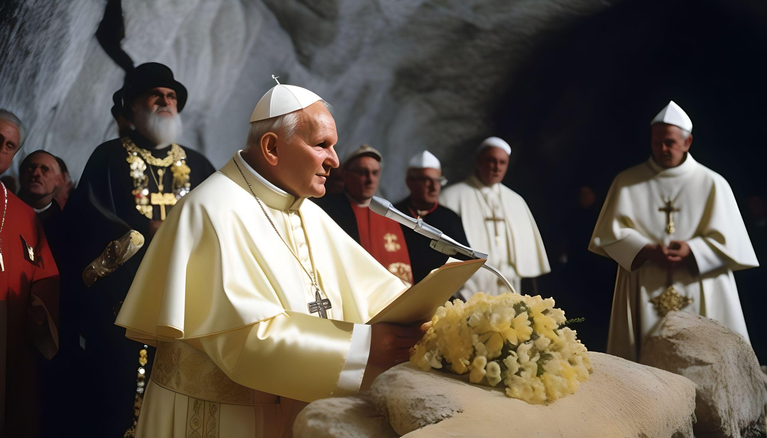 Pope John Paul II sermon in the Wieliczka Salt Mine imagined by AI