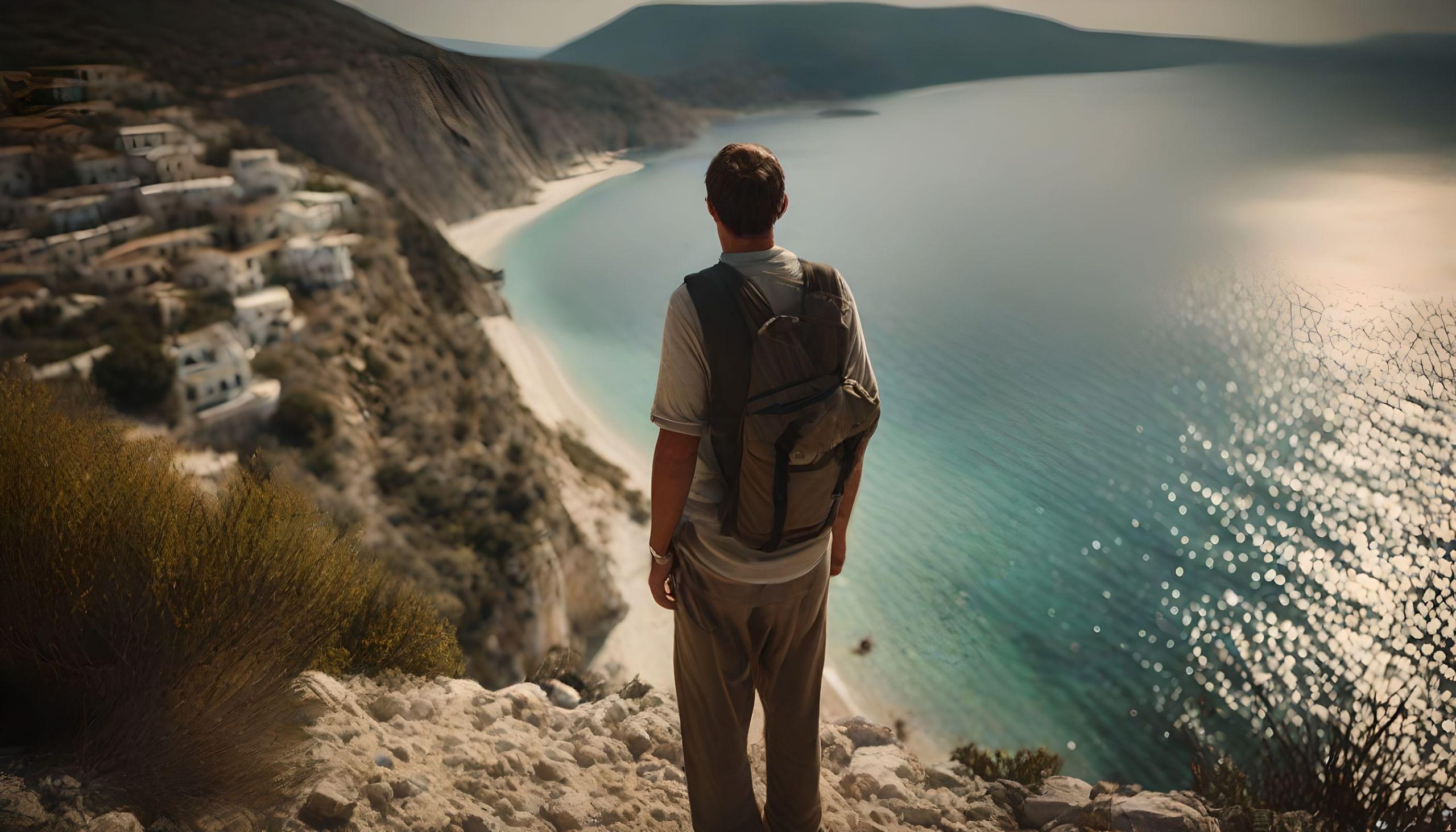 Tourist looking down on a Greek Beach