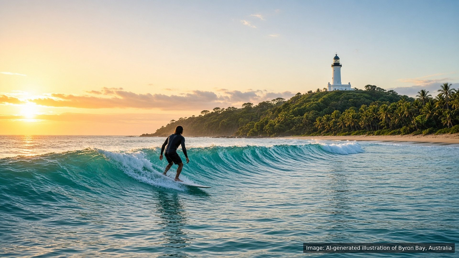 AI-generated image: a surfer at sunrise below the lighthouse in Byron Bay, Australia