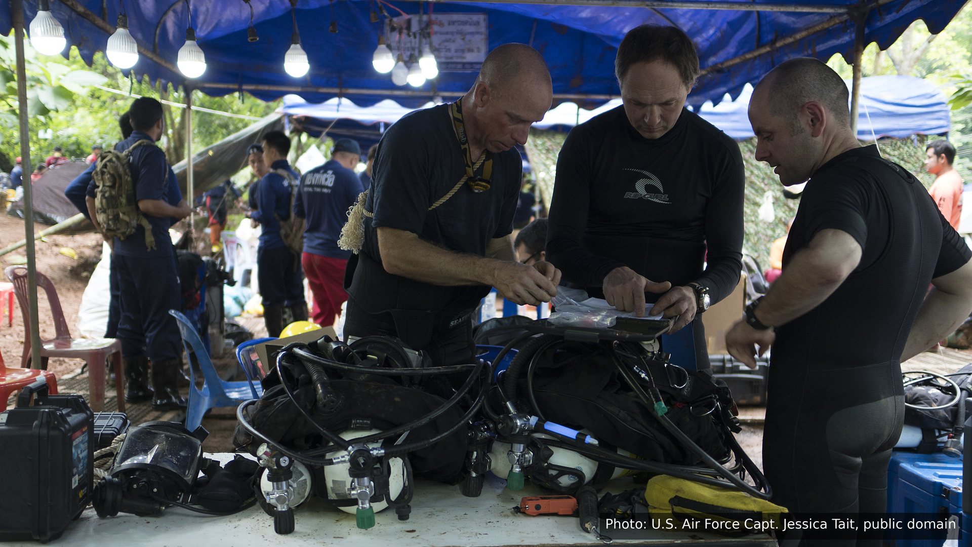 Rescue divers checking air tanks at Tham Luang cave, Thailand, 2018